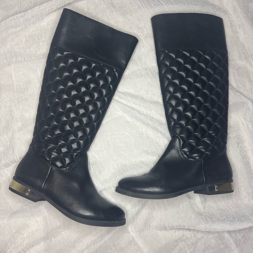 Vince Camuto Quilted knee-high black leather boots with gold hardware